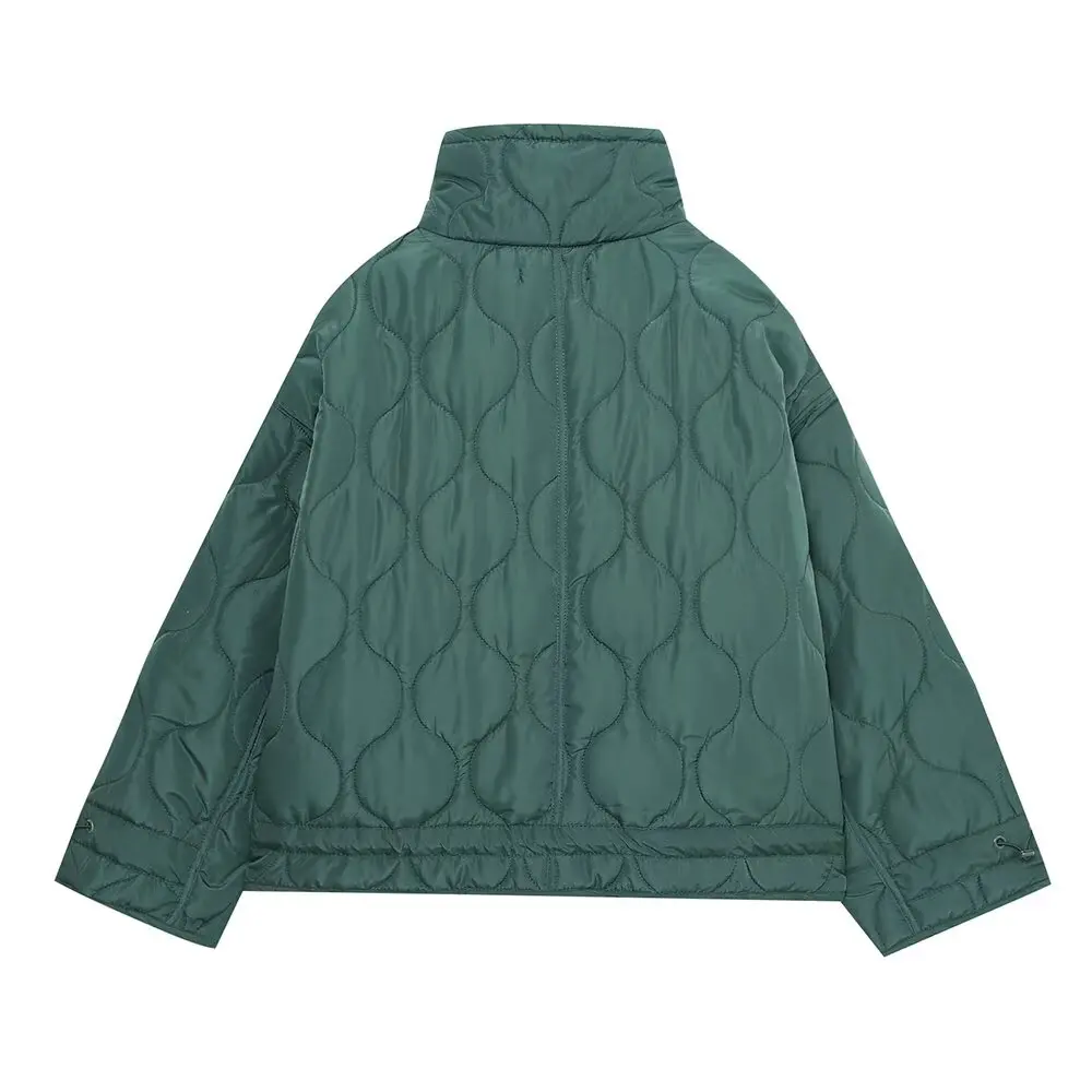 2027 Autumn Winter Women's Vintage Quilted Army Green Padded Coats Lady Elegant Drawstring High Neck Pockets Cotton Jacket Parka