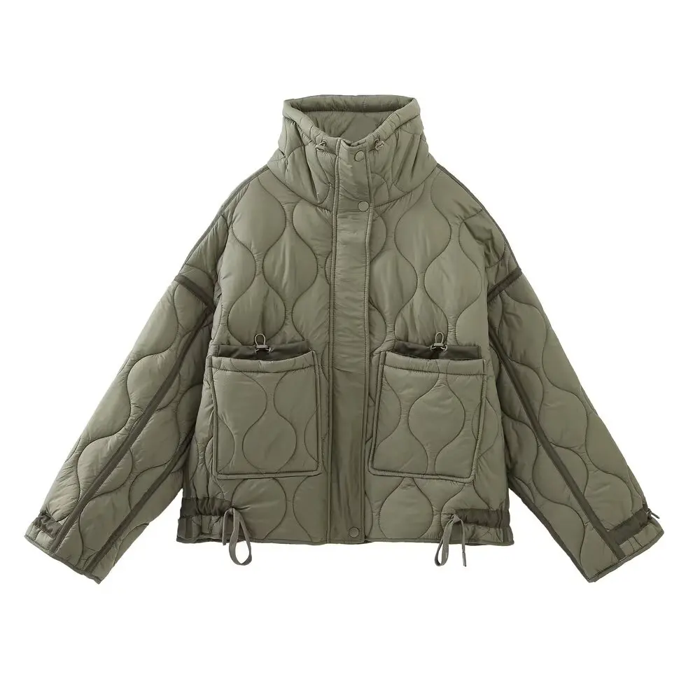 2027 Autumn Winter Women's Vintage Quilted Army Green Padded Coats Lady Elegant Drawstring High Neck Pockets Cotton Jacket Parka
