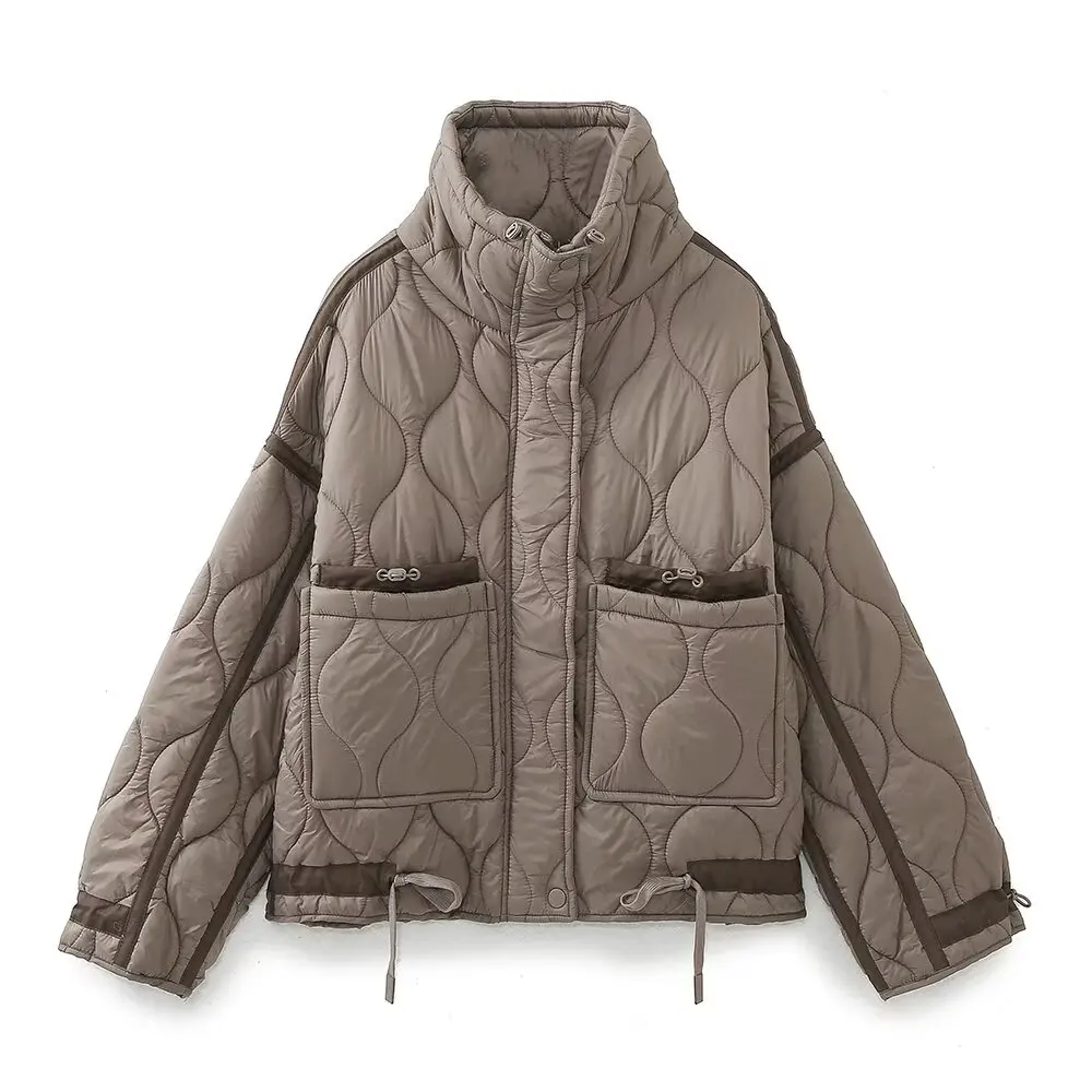 2027 Autumn Winter Women's Vintage Quilted Army Green Padded Coats Lady Elegant Drawstring High Neck Pockets Cotton Jacket Parka