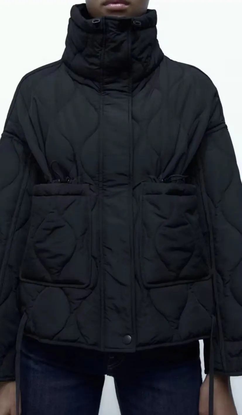2027 Autumn Winter Women's Vintage Quilted Army Green Padded Coats Lady Elegant Drawstring High Neck Pockets Cotton Jacket Parka