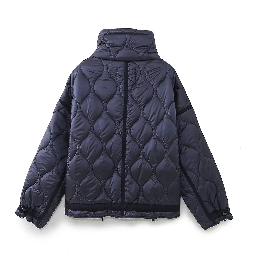 2027 Autumn Winter Women's Vintage Quilted Army Green Padded Coats Lady Elegant Drawstring High Neck Pockets Cotton Jacket Parka
