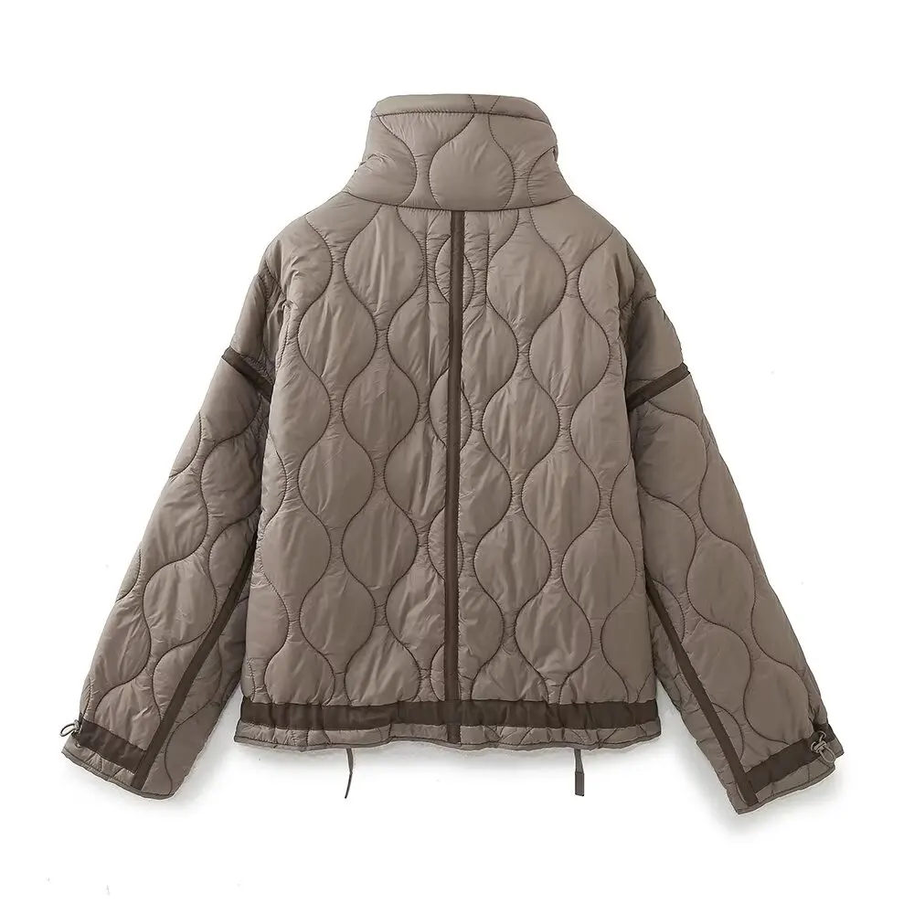 2027 Autumn Winter Women's Vintage Quilted Army Green Padded Coats Lady Elegant Drawstring High Neck Pockets Cotton Jacket Parka