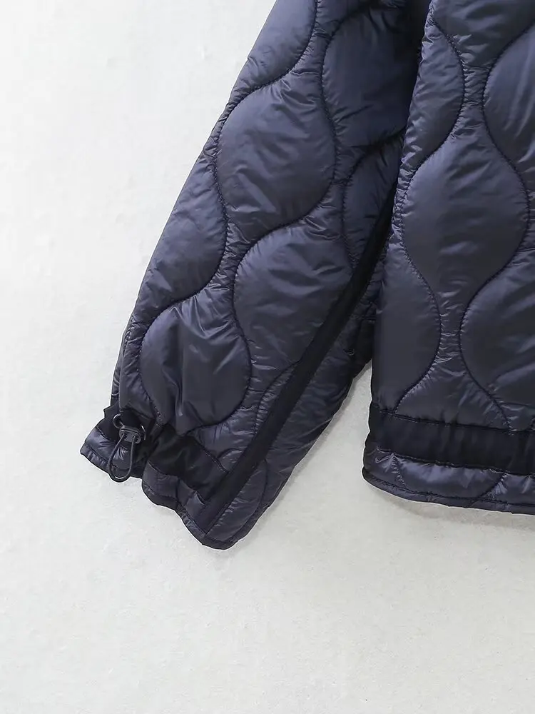 2027 Autumn Winter Women's Vintage Quilted Army Green Padded Coats Lady Elegant Drawstring High Neck Pockets Cotton Jacket Parka