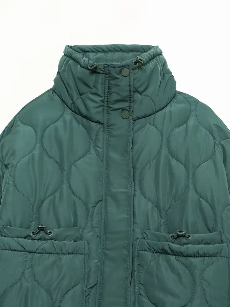 2027 Autumn Winter Women's Vintage Quilted Army Green Padded Coats Lady Elegant Drawstring High Neck Pockets Cotton Jacket Parka