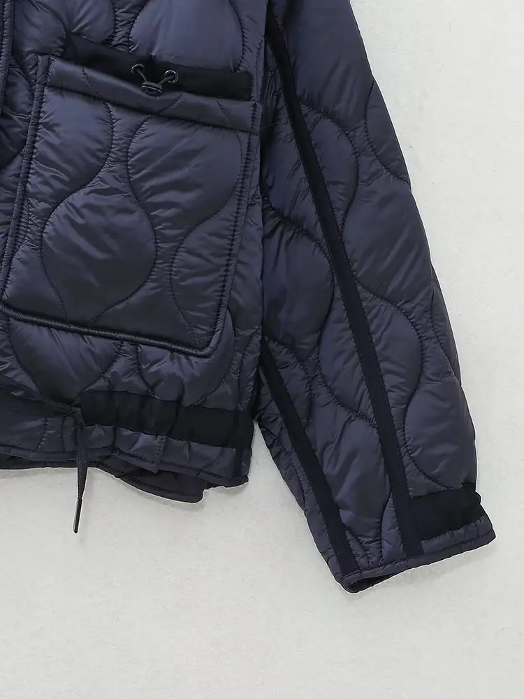 2027 Autumn Winter Women's Vintage Quilted Army Green Padded Coats Lady Elegant Drawstring High Neck Pockets Cotton Jacket Parka