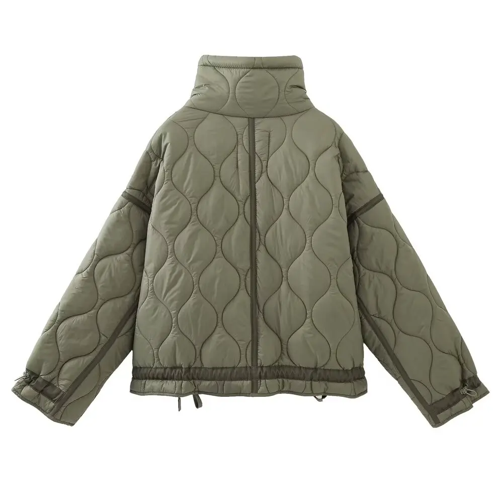 2027 Autumn Winter Women's Vintage Quilted Army Green Padded Coats Lady Elegant Drawstring High Neck Pockets Cotton Jacket Parka