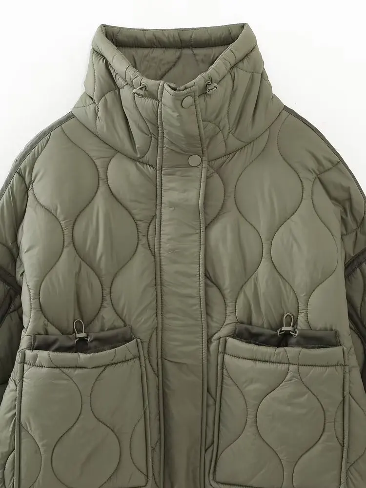 2027 Autumn Winter Women's Vintage Quilted Army Green Padded Coats Lady Elegant Drawstring High Neck Pockets Cotton Jacket Parka