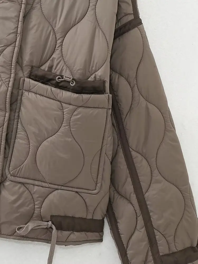 2027 Autumn Winter Women's Vintage Quilted Army Green Padded Coats Lady Elegant Drawstring High Neck Pockets Cotton Jacket Parka