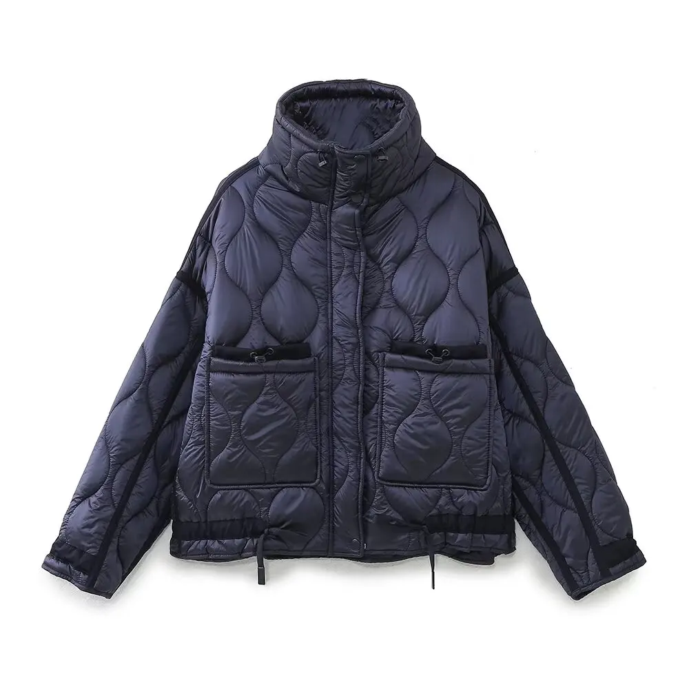 2027 Autumn Winter Women's Vintage Quilted Army Green Padded Coats Lady Elegant Drawstring High Neck Pockets Cotton Jacket Parka