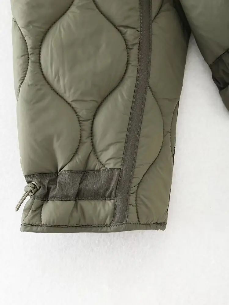 2027 Autumn Winter Women's Vintage Quilted Army Green Padded Coats Lady Elegant Drawstring High Neck Pockets Cotton Jacket Parka