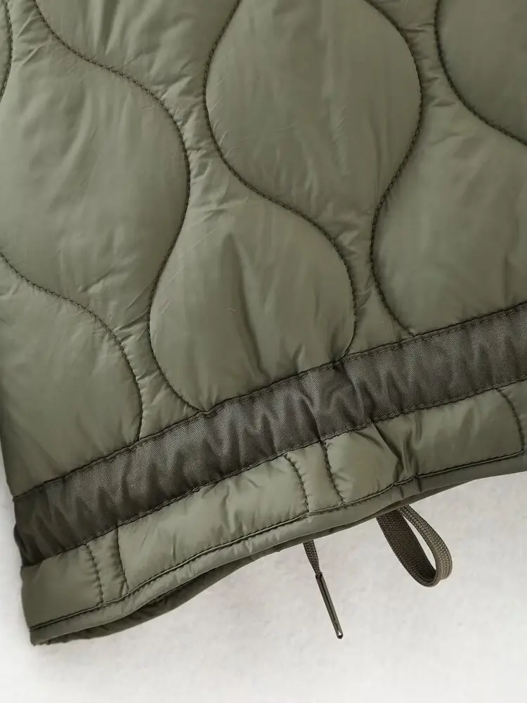 2027 Autumn Winter Women's Vintage Quilted Army Green Padded Coats Lady Elegant Drawstring High Neck Pockets Cotton Jacket Parka