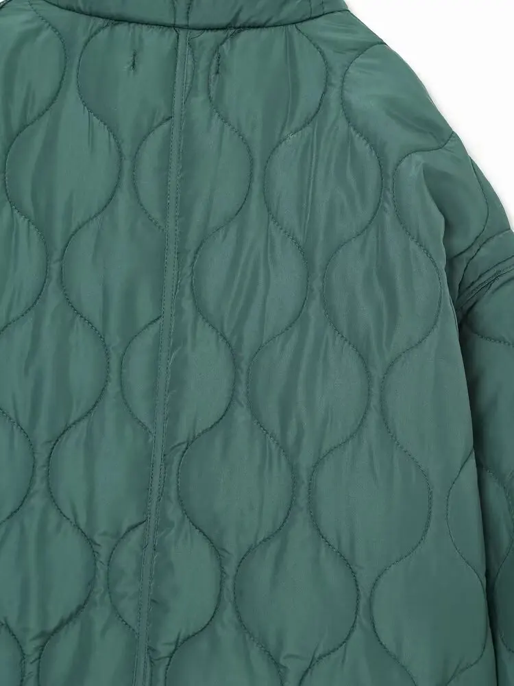 2027 Autumn Winter Women's Vintage Quilted Army Green Padded Coats Lady Elegant Drawstring High Neck Pockets Cotton Jacket Parka
