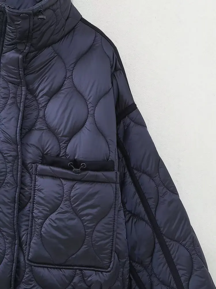 2027 Autumn Winter Women's Vintage Quilted Army Green Padded Coats Lady Elegant Drawstring High Neck Pockets Cotton Jacket Parka