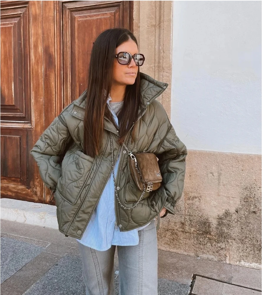 Quilted coat for women ETJ 2025 QUILTED JACKET WITH TIES new beige drawstring high neck pocket clip cotton jacket for women