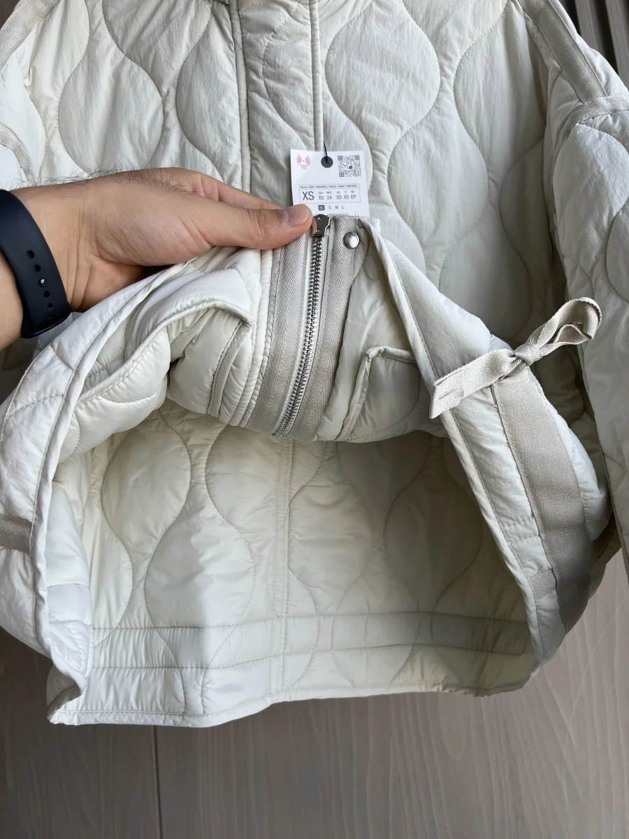 Quilted coat for women ETJ 2025 QUILTED JACKET WITH TIES new beige drawstring high neck pocket clip cotton jacket for women
