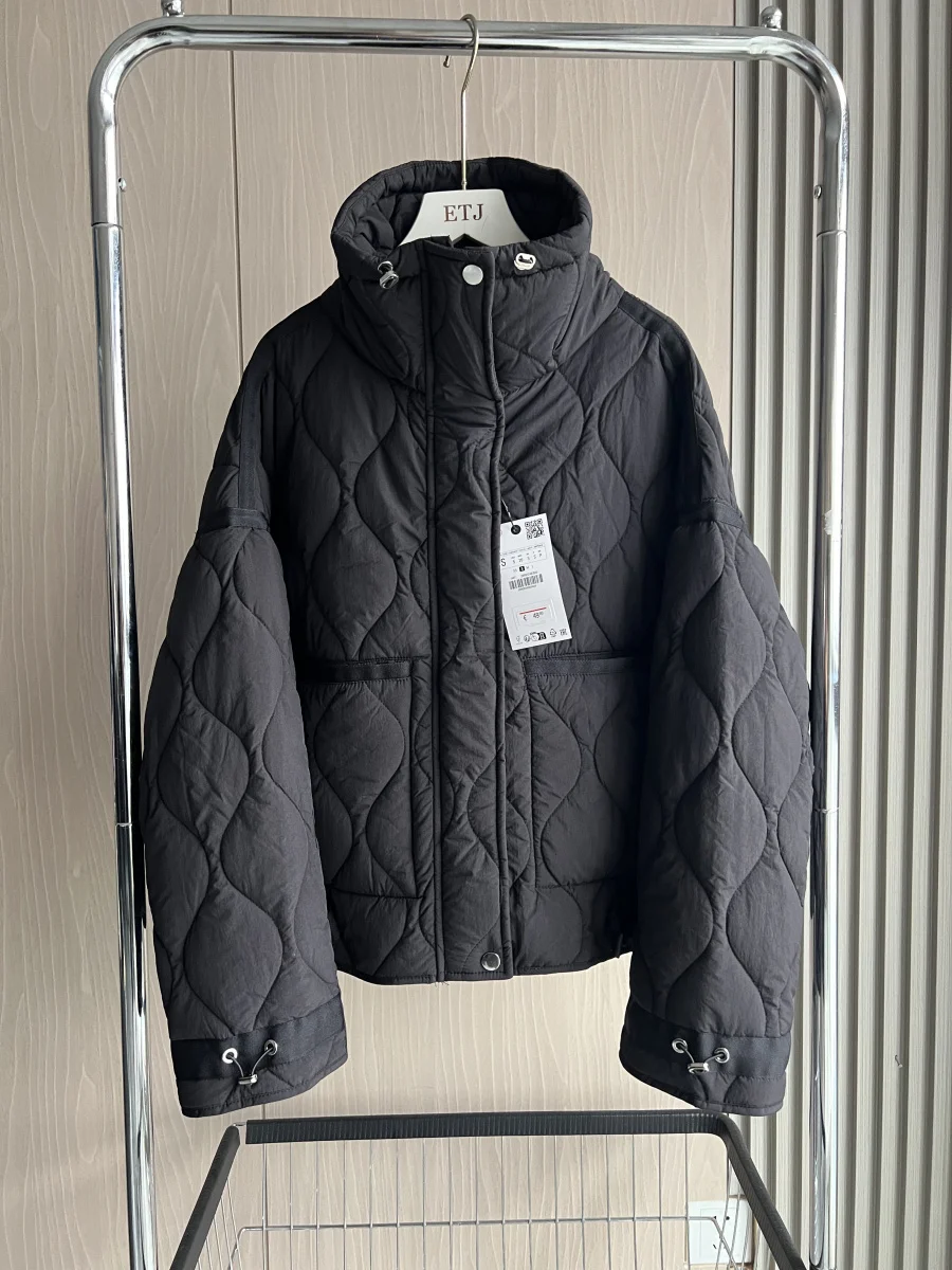 Quilted coat for women ETJ 2025 QUILTED JACKET WITH TIES new beige drawstring high neck pocket clip cotton jacket for women