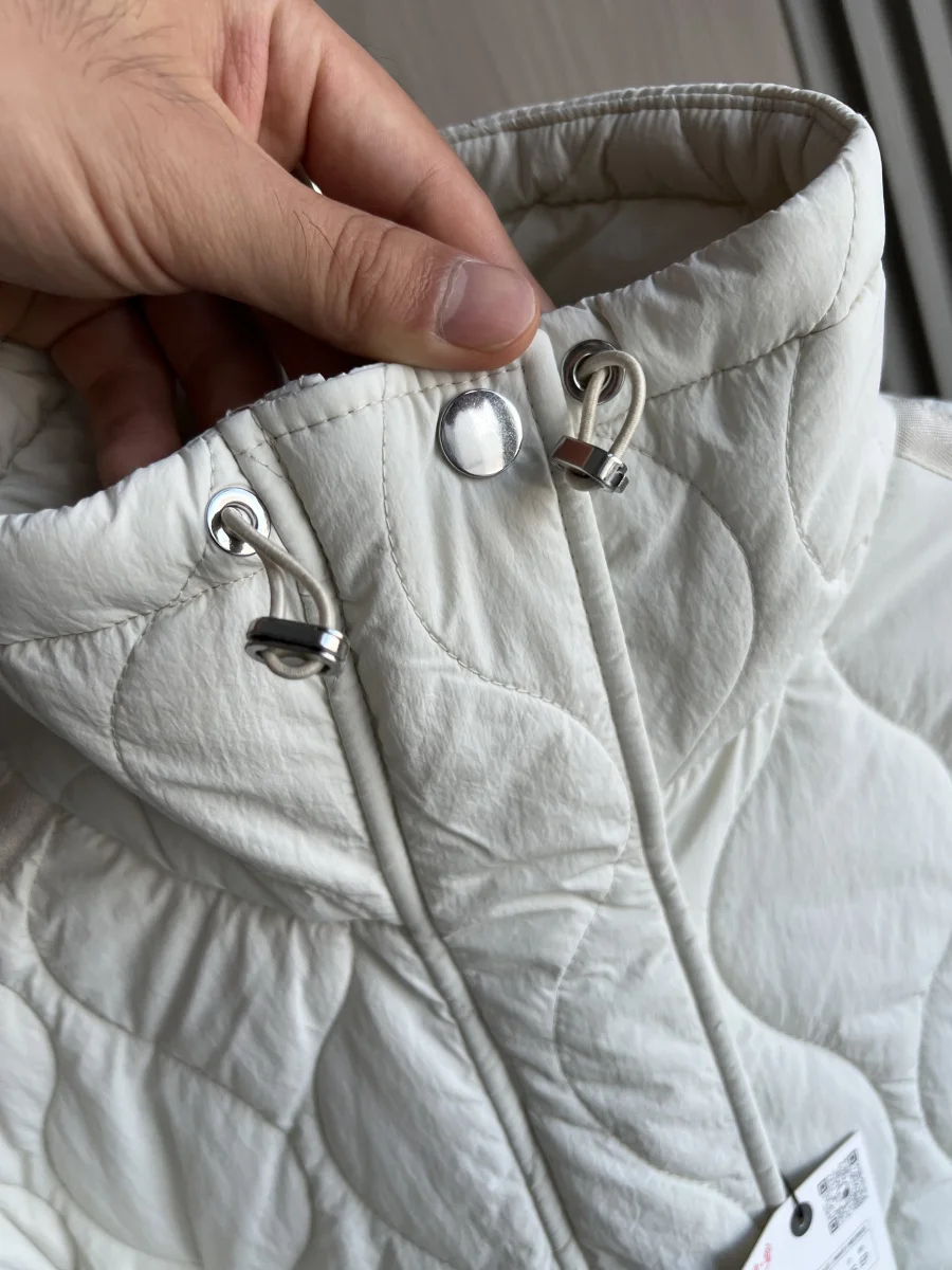 Quilted coat for women ETJ 2025 QUILTED JACKET WITH TIES new beige drawstring high neck pocket clip cotton jacket for women