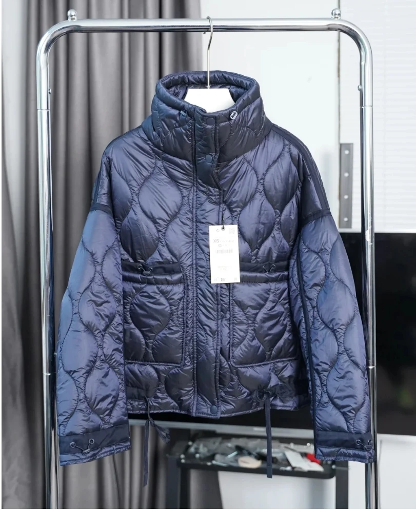 Quilted coat for women ETJ 2025 QUILTED JACKET WITH TIES new beige drawstring high neck pocket clip cotton jacket for women