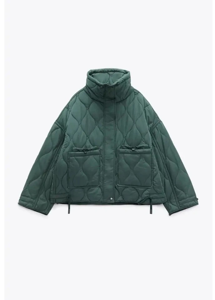 Quilted coat for women ETJ 2025 QUILTED JACKET WITH TIES new beige drawstring high neck pocket clip cotton jacket for women