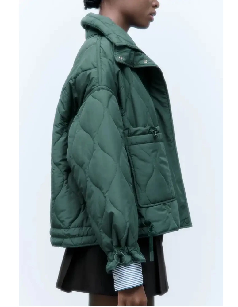 Quilted coat for women ETJ 2025 QUILTED JACKET WITH TIES new beige drawstring high neck pocket clip cotton jacket for women