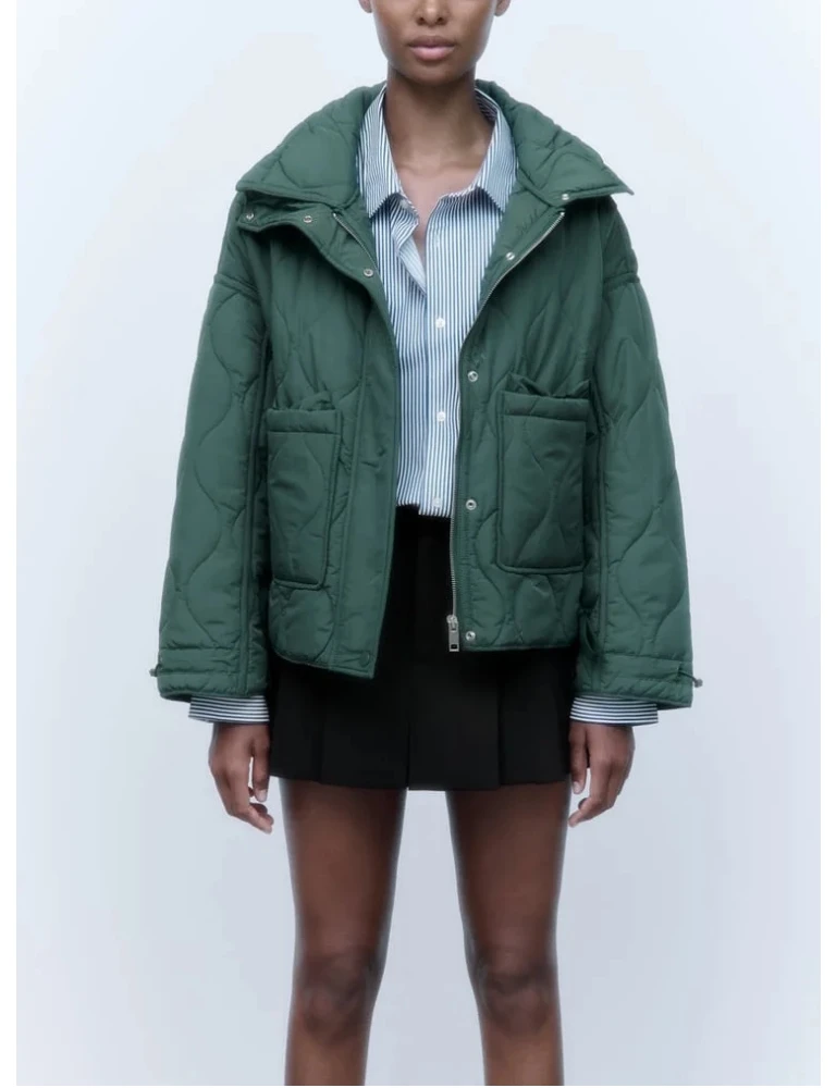Quilted coat for women ETJ 2025 QUILTED JACKET WITH TIES new beige drawstring high neck pocket clip cotton jacket for women