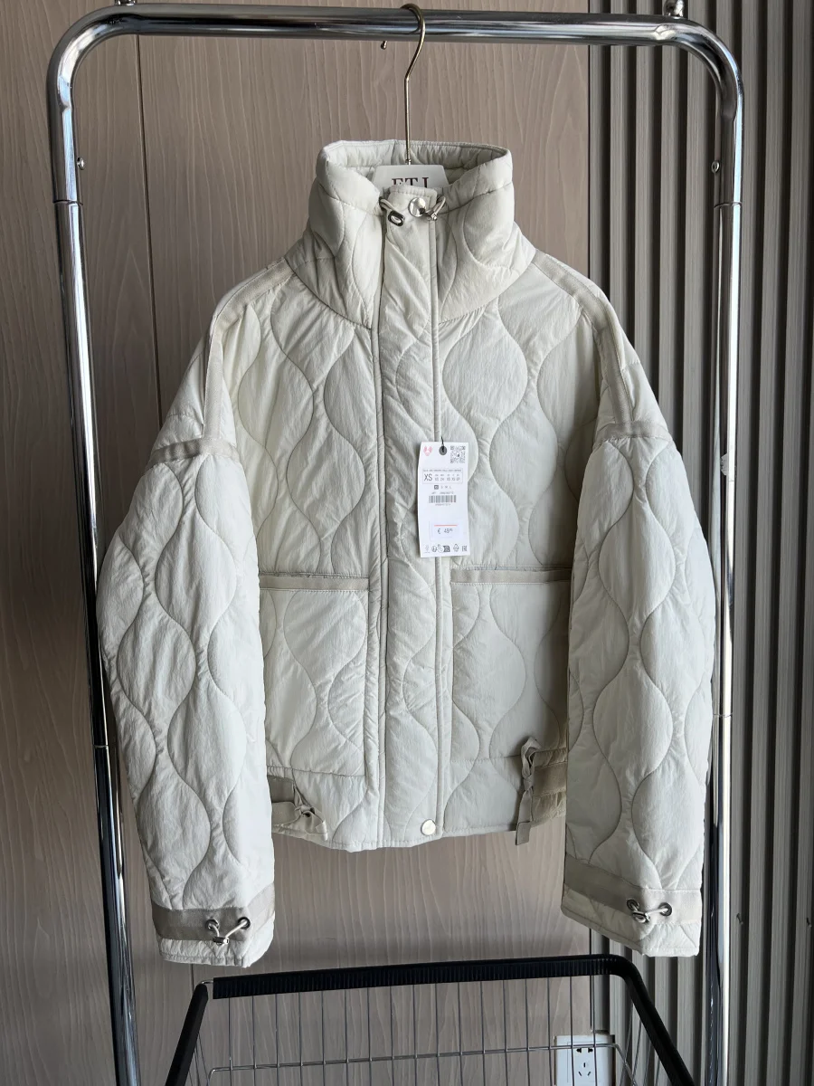 Quilted coat for women ETJ 2025 QUILTED JACKET WITH TIES new beige drawstring high neck pocket clip cotton jacket for women