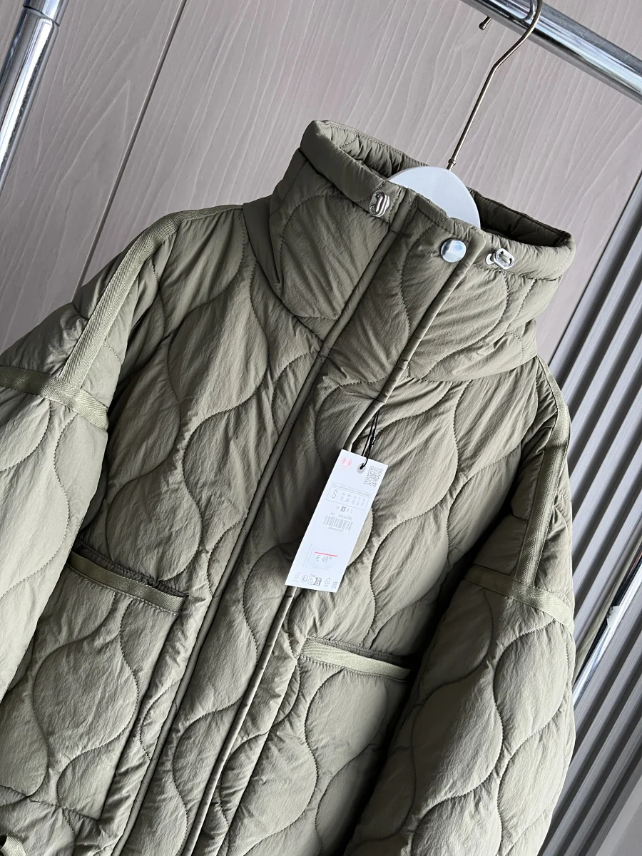 Quilted coat for women ETJ 2025 QUILTED JACKET WITH TIES new beige drawstring high neck pocket clip cotton jacket for women
