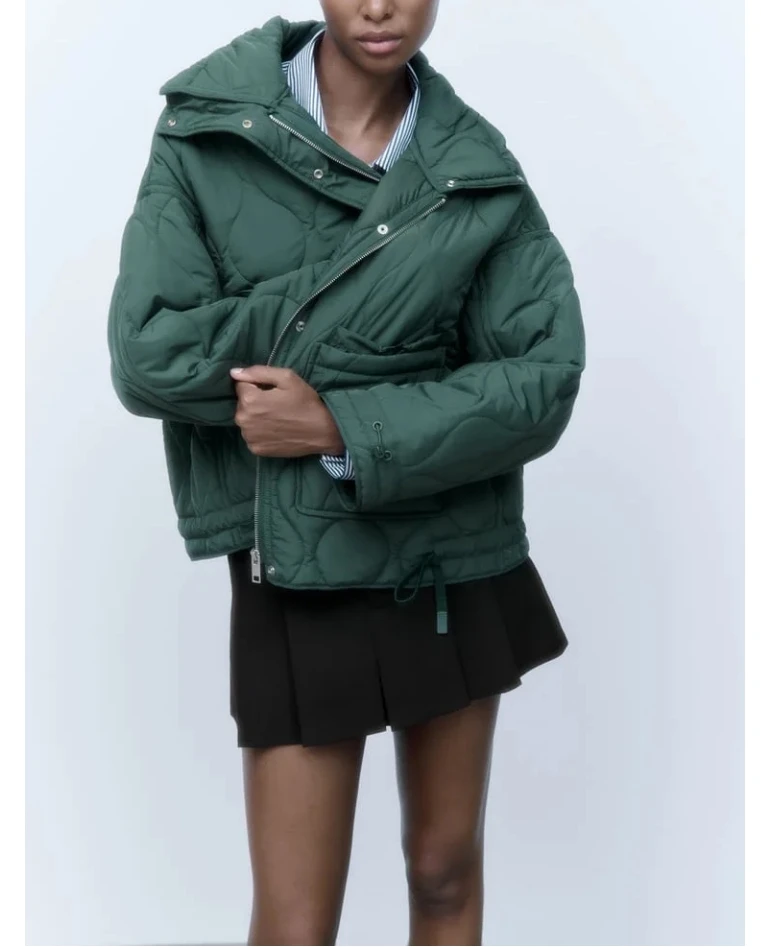 Quilted coat for women ETJ 2025 QUILTED JACKET WITH TIES new beige drawstring high neck pocket clip cotton jacket for women