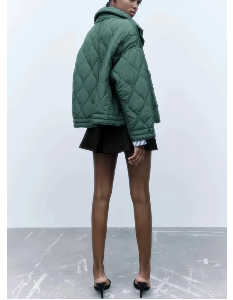 Quilted coat for women ETJ 2025 QUILTED JACKET WITH TIES new beige drawstring high neck pocket clip cotton jacket for women
