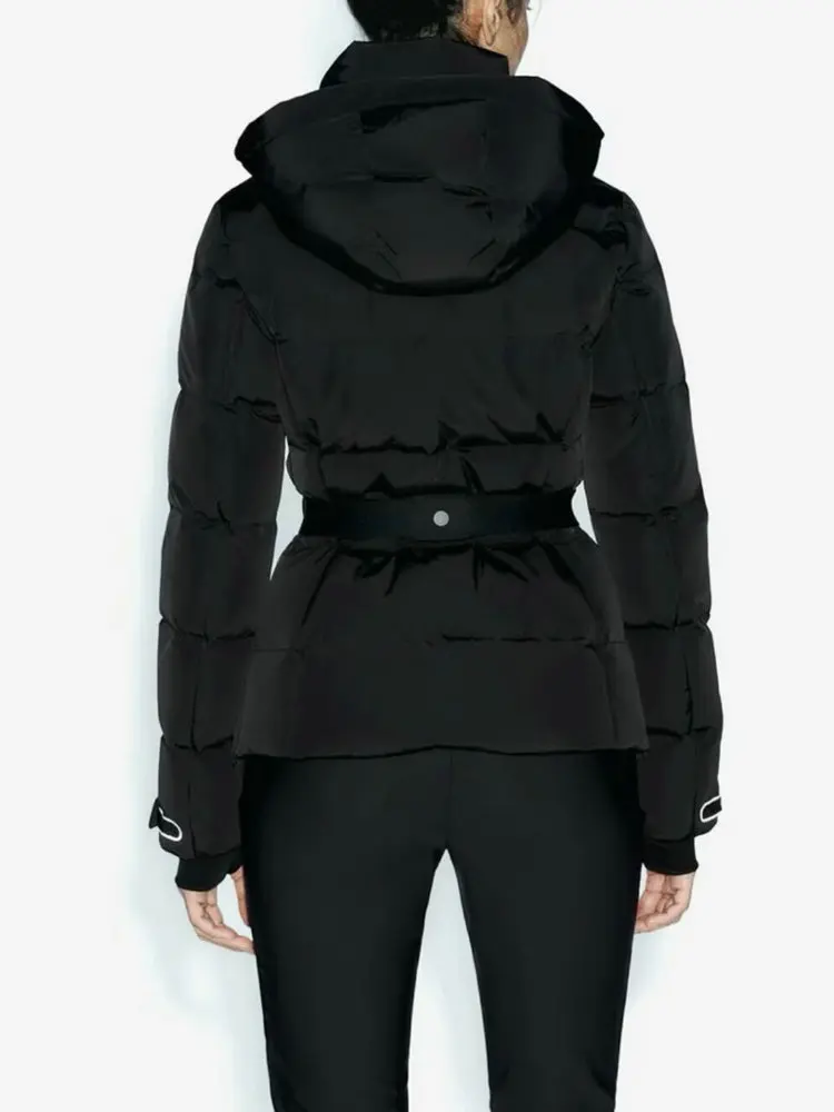 Women's Winter Hooded High Waist Padded Sport Parkas Coats with Belt Female Elegant Thick Warm Pockets Windproof Skiing Jackets