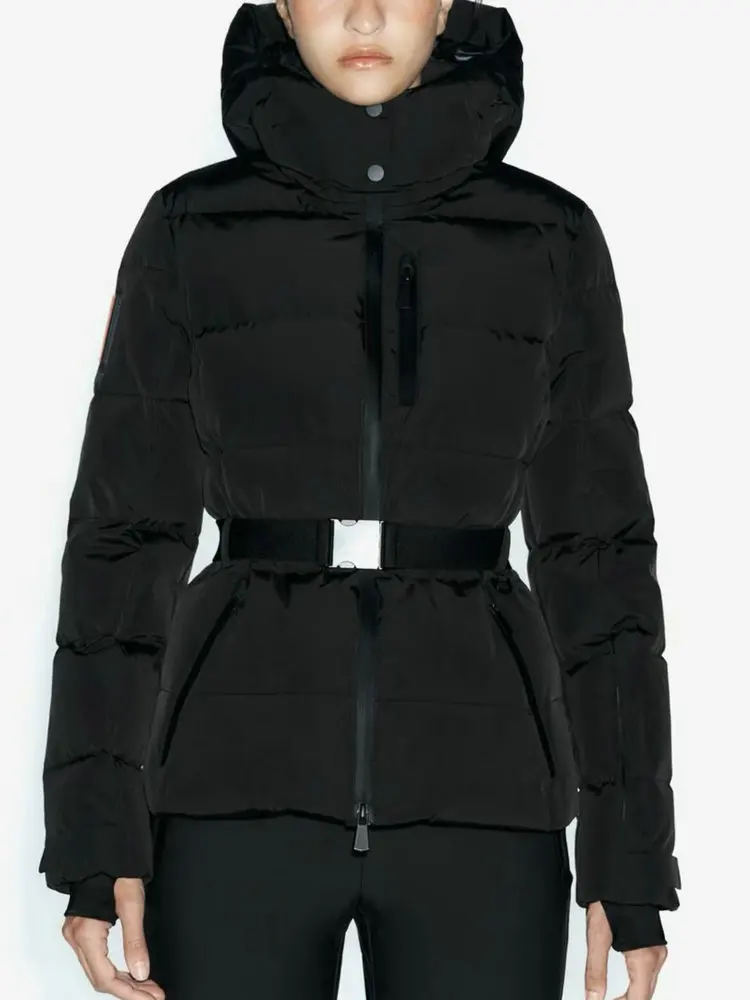 Women's Winter Hooded High Waist Padded Sport Parkas Coats with Belt Female Elegant Thick Warm Pockets Windproof Skiing Jackets