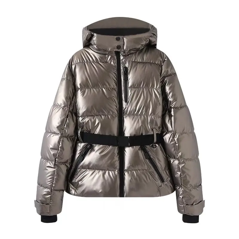 Women's Winter Hooded High Waist Padded Sport Parkas Coats with Belt Female Elegant Thick Warm Pockets Windproof Skiing Jackets