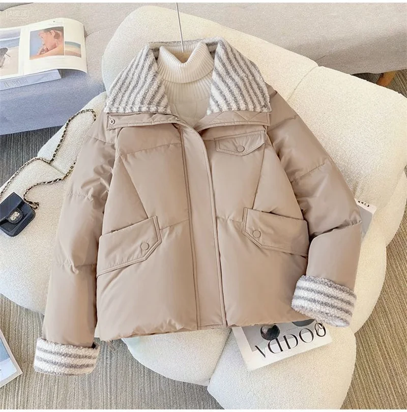 Women Lapel Collar Parkas Jacket Autumn Winter Femme Short Cotton Padded Coat Lady Fashion Long Sleeves Puffer Outwear