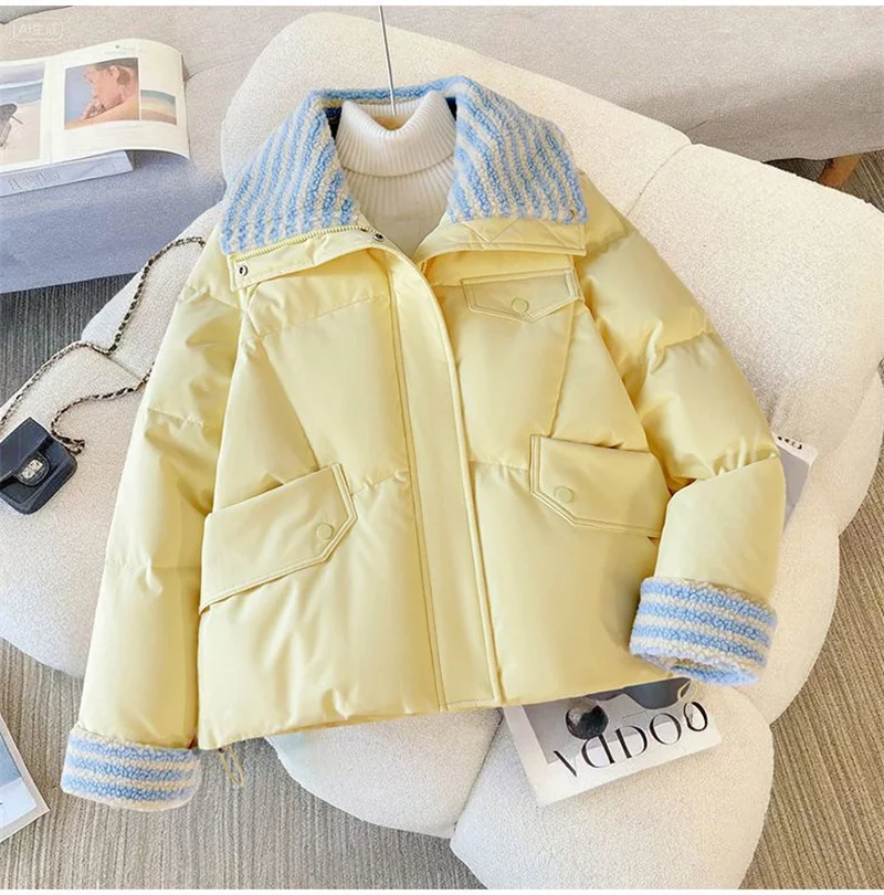 Women Lapel Collar Parkas Jacket Autumn Winter Femme Short Cotton Padded Coat Lady Fashion Long Sleeves Puffer Outwear