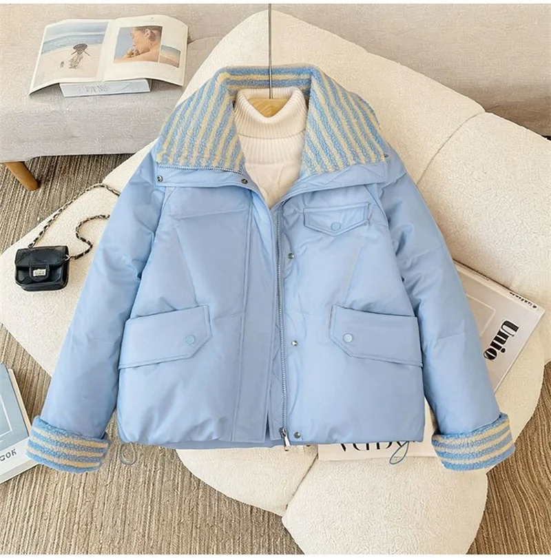 Women Lapel Collar Parkas Jacket Autumn Winter Femme Short Cotton Padded Coat Lady Fashion Long Sleeves Puffer Outwear