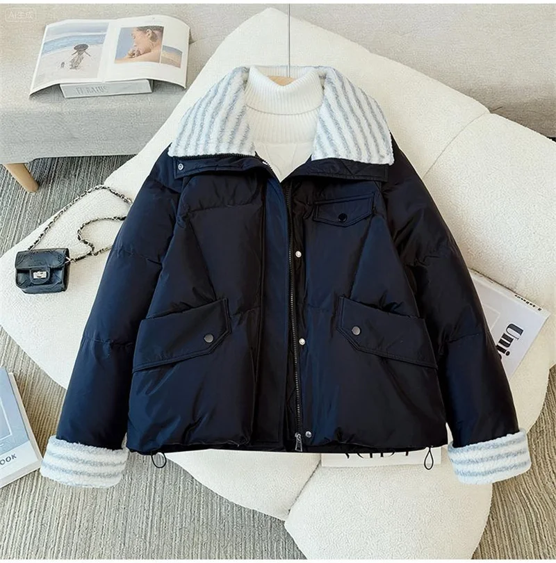 Women Lapel Collar Parkas Jacket Autumn Winter Femme Short Cotton Padded Coat Lady Fashion Long Sleeves Puffer Outwear