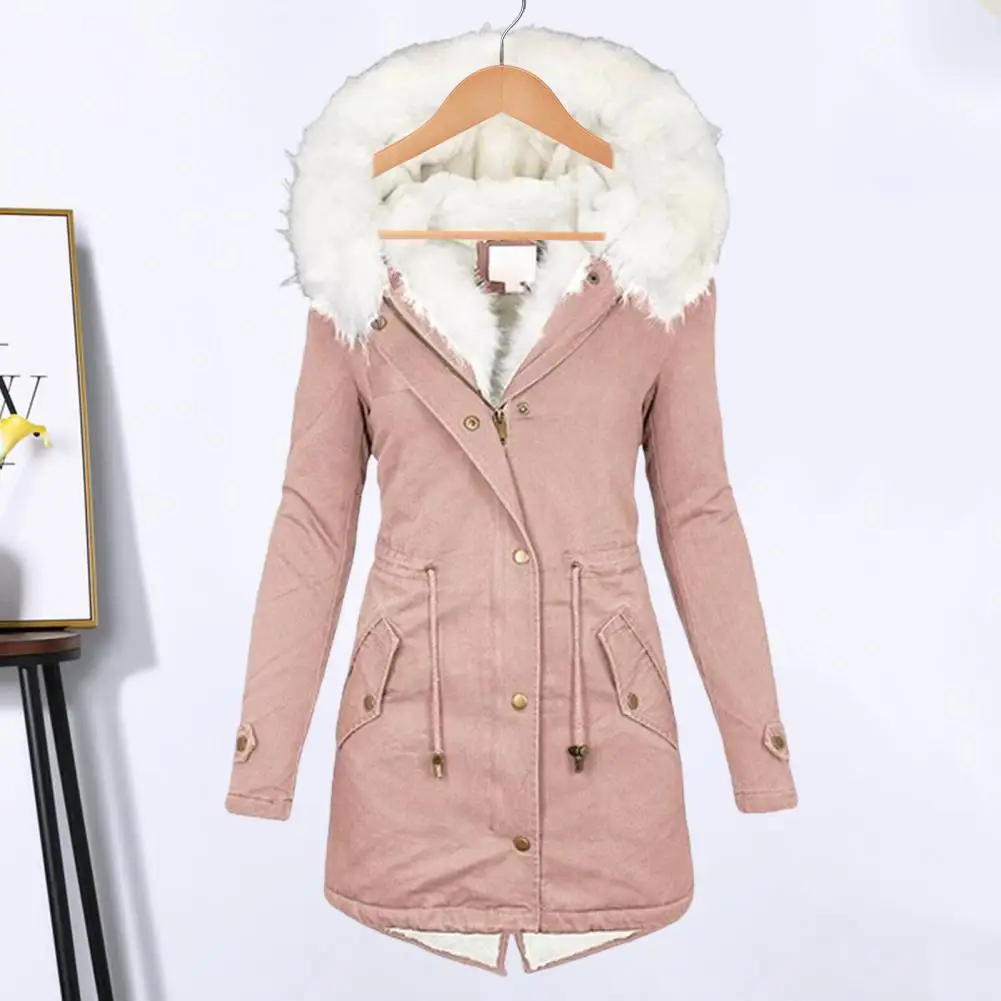 Thicken Women Winter Cotton Coat Faux Fur Hood Fleece Zip-up Button Jacket Windproof Mid Length Slim Outerwear