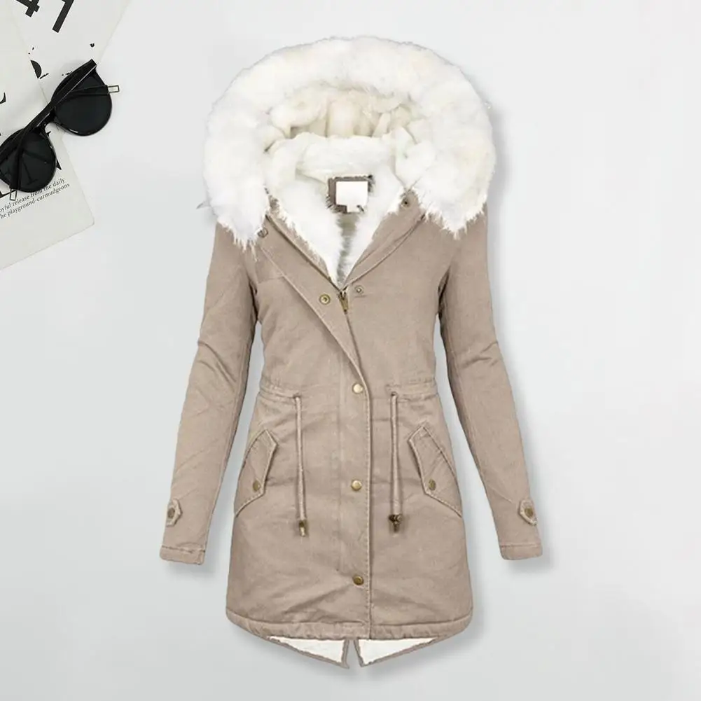Thicken Women Winter Cotton Coat Faux Fur Hood Fleece Zip-up Button Jacket Windproof Mid Length Slim Outerwear