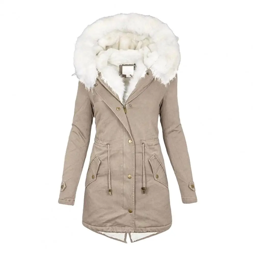 Thicken Women Winter Cotton Coat Faux Fur Hood Fleece Zip-up Button Jacket Windproof Mid Length Slim Outerwear