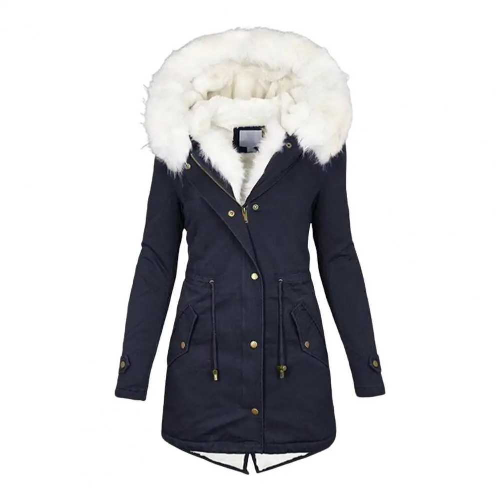 Thicken Women Winter Cotton Coat Faux Fur Hood Fleece Zip-up Button Jacket Windproof Mid Length Slim Outerwear