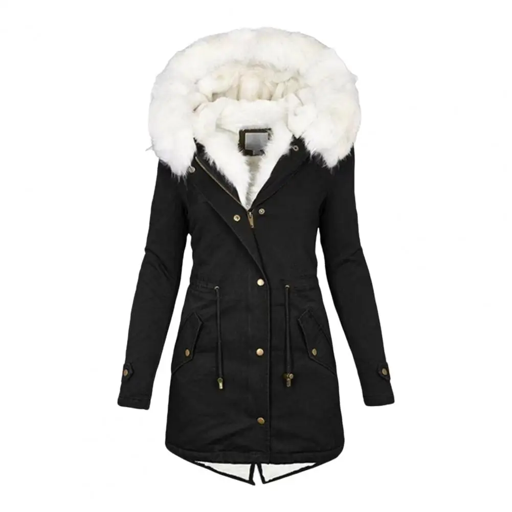 Thicken Women Winter Cotton Coat Faux Fur Hood Fleece Zip-up Button Jacket Windproof Mid Length Slim Outerwear