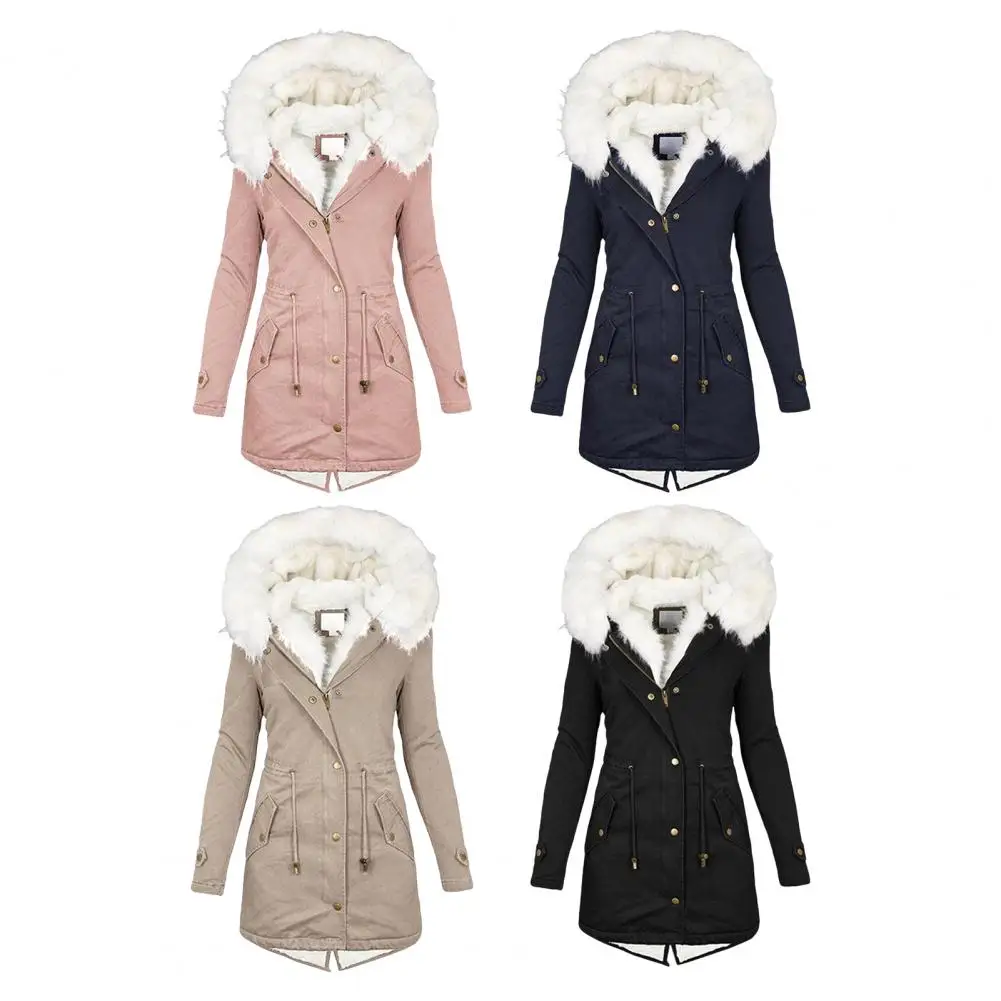 Thicken Women Winter Cotton Coat Faux Fur Hood Fleece Zip-up Button Jacket Windproof Mid Length Slim Outerwear
