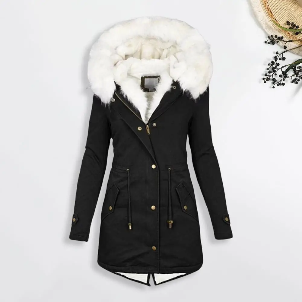 Thicken Women Winter Cotton Coat Faux Fur Hood Fleece Zip-up Button Jacket Windproof Mid Length Slim Outerwear