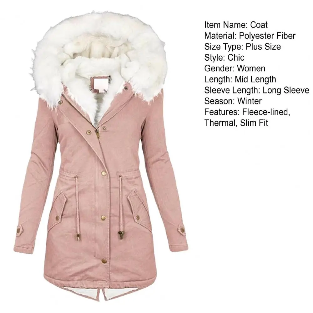 Thicken Women Winter Cotton Coat Faux Fur Hood Fleece Zip-up Button Jacket Windproof Mid Length Slim Outerwear