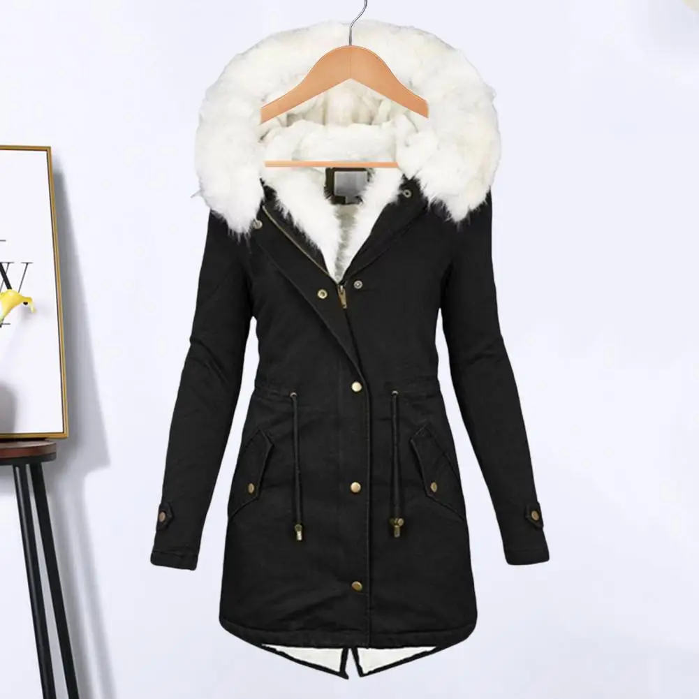 Thicken Women Winter Cotton Coat Faux Fur Hood Fleece Zip-up Button Jacket Windproof Mid Length Slim Outerwear
