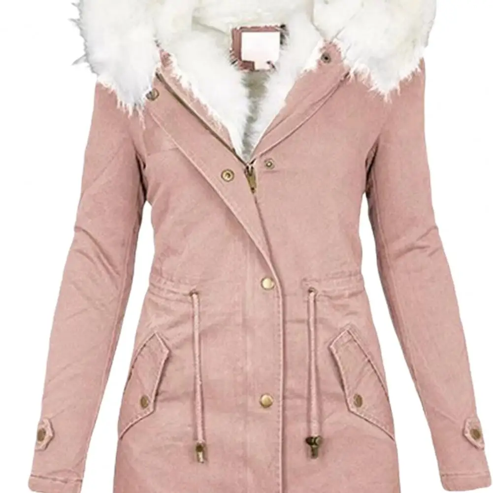 Thicken Women Winter Cotton Coat Faux Fur Hood Fleece Zip-up Button Jacket Windproof Mid Length Slim Outerwear