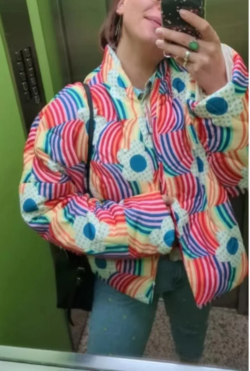 Rainbow Floral Print Winter Cotton Coat Women Chic Casual Cardigan Vintage Harajuku Autumn Puffer Jacket Quilted Streetwear New
