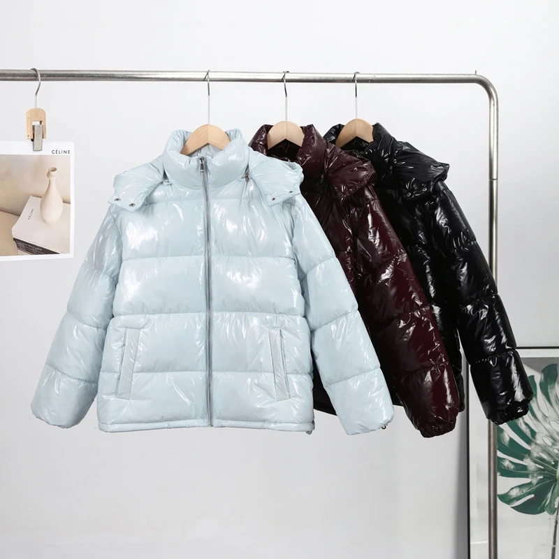 Solid Glossy Zipper Hooded Coats Women's Warm Elastic Waist Pleated Short Cotton Jacket 2026 Winter New Lady High Street Outwear