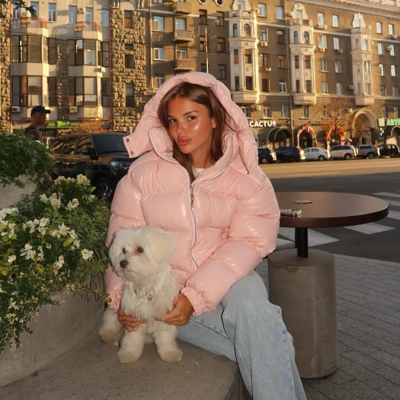 Solid Glossy Zipper Hooded Coats Women's Warm Elastic Waist Pleated Short Cotton Jacket 2026 Winter New Lady High Street Outwear
