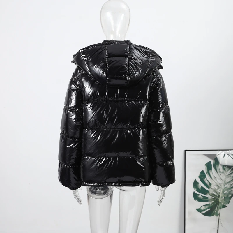 Solid Glossy Zipper Hooded Coats Women's Warm Elastic Waist Pleated Short Cotton Jacket 2026 Winter New Lady High Street Outwear